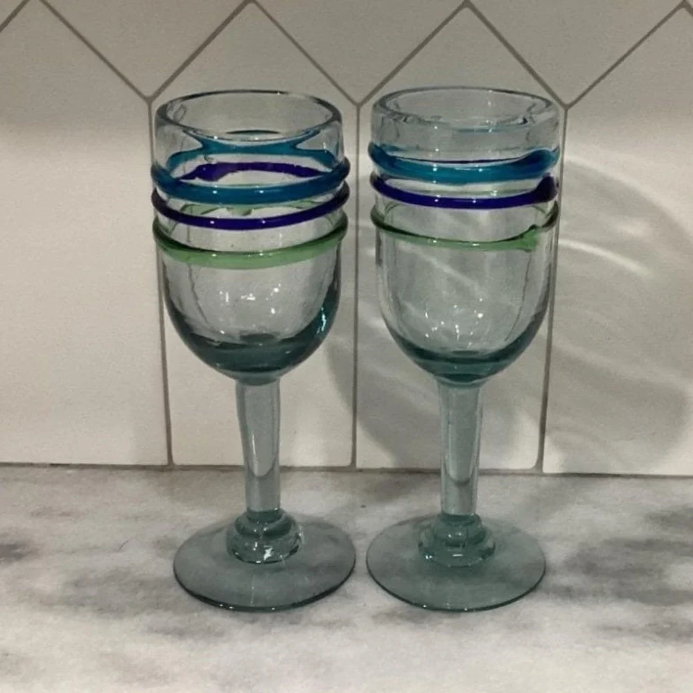 Pier 1 Imports Water Goblets, Set‎ of 2, Vintage Hand Blown Multicolor Rings